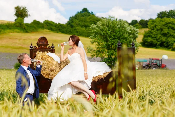 Happy wedding couple in wheat field — Stock Photo, Image