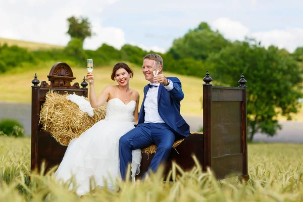 Ζευγάρι ευτυχισμένο γάμο στο πεδίο σιτάρι — Φωτογραφία Αρχείου