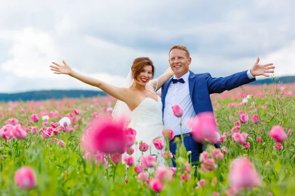 Happy wedding couple in pink poppy field — Stock Photo, Image