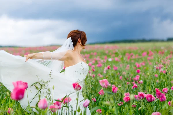 Gelukkige bruid in witte jurk met plezier in bloem klaproos veld — Stockfoto