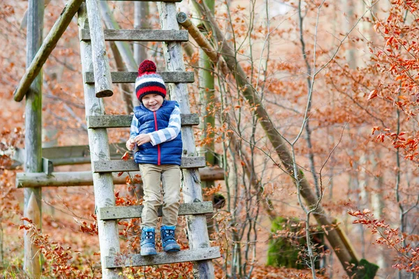 Cute little kid boy on autumn leaves background in park. — Stock Photo, Image