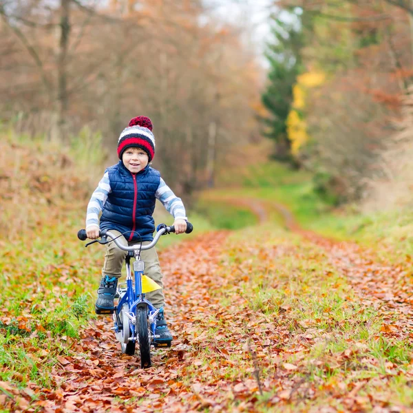 Liten unge pojke med cykel i höst skog — Stockfoto
