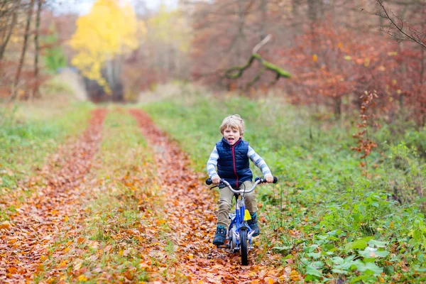 Menino com bicicleta na floresta de outono — Fotografia de Stock