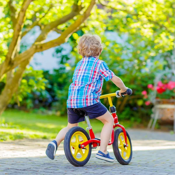 Kid boy driving tricycle or bicycle in garden — Stock Photo, Image