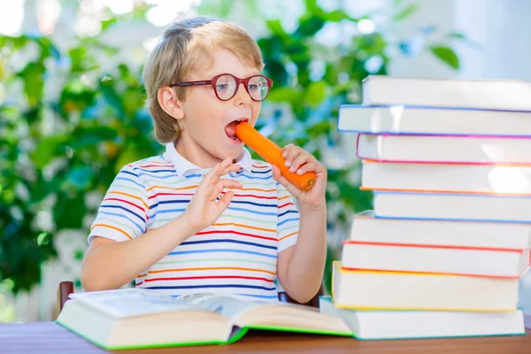 Glad liten skolpojke med glasögon och böcker — Stockfoto