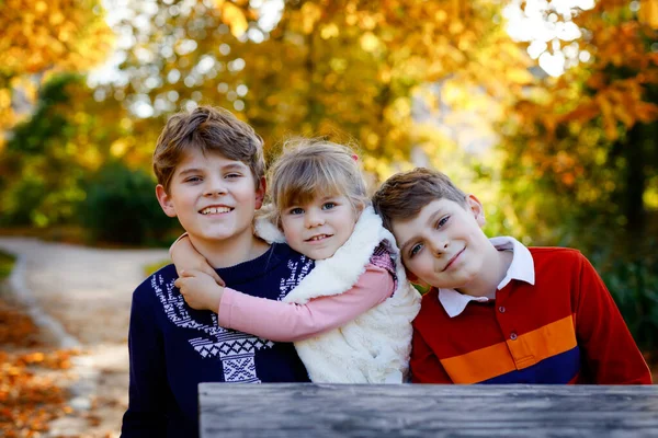 Portrait of three siblings children. Two kids brothers boys and little cute toddler sister girl having fun together in autumn park. Happy healthy family playing, walking, active leisure on nature — Stock Photo, Image