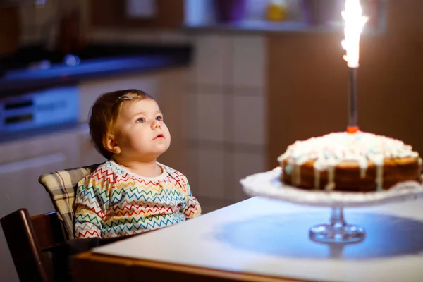可爱漂亮的小女孩庆祝第一个生日。孩子在自家做的烤蛋糕上吹一支蜡烛，室内。可爱的幼儿，漂亮的女儿的生日家庭聚会 — 图库照片