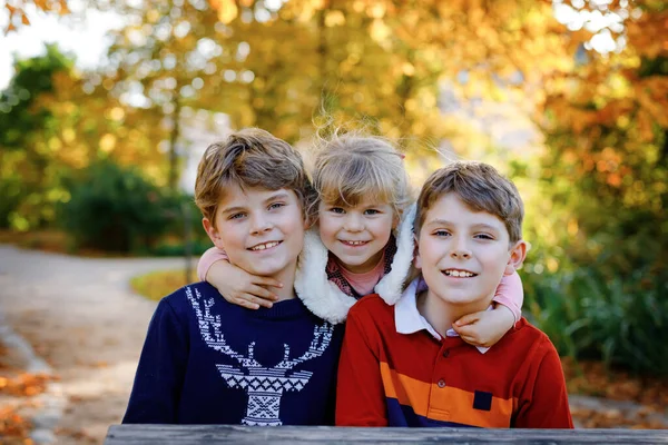 Portrait of three siblings children. Two kids brothers boys and little cute toddler sister girl having fun together in autumn park. Happy healthy family playing, walking, active leisure on nature — Stock Photo, Image