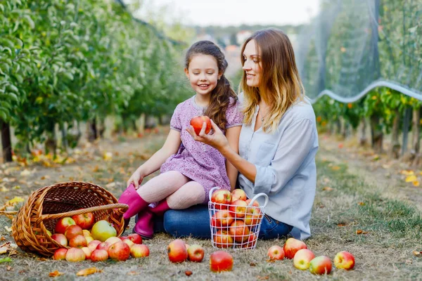 Portrait of little girl and beautiful mother with red apples in organic orchard. Happy woman and kid daughter picking ripe fruits from trees and having fun. Harvest season for family. — Stock Photo, Image