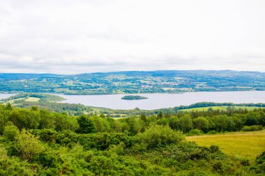 İrlanda manzarası. Büyülü İrlanda tepeleri. Bulutlu bir günde koyunların ve ineklerin olduğu yeşil ada. Kuzey İrlanda, Donegal Bölgesi