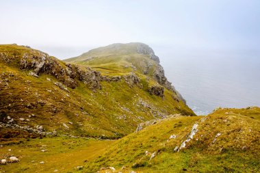 Malin Head, Donegal, İrlanda 'da engebeli bir manzara. Kayalıklı sahil, sisli bulutlu bir günde koyunlu yeşil kayalık arazi. Vahşi Atlantik Yolu bölgesi.