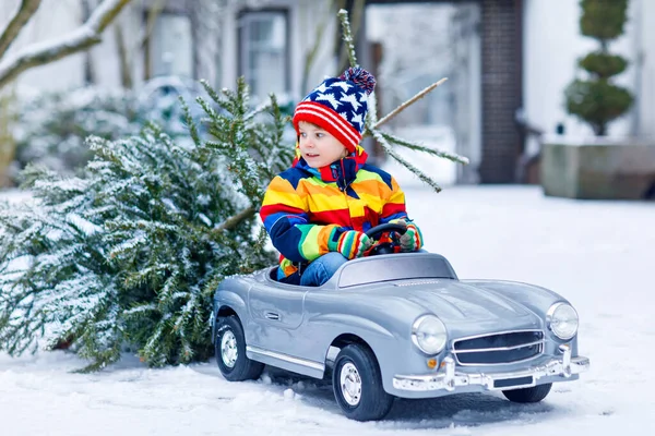 Смешной маленький улыбающийся мальчик за рулем игрушечной машины с рождественской ёлкой. — стоковое фото