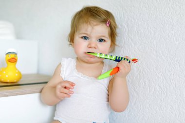 Küçük kız diş fırçası tutuyor ve ilk dişlerini fırçalıyor. Bebek süt dişini temizlemeyi öğreniyor. Önleme, hijyen ve sağlık hizmetleri kavramı. Banyoda mutlu bir çocuk