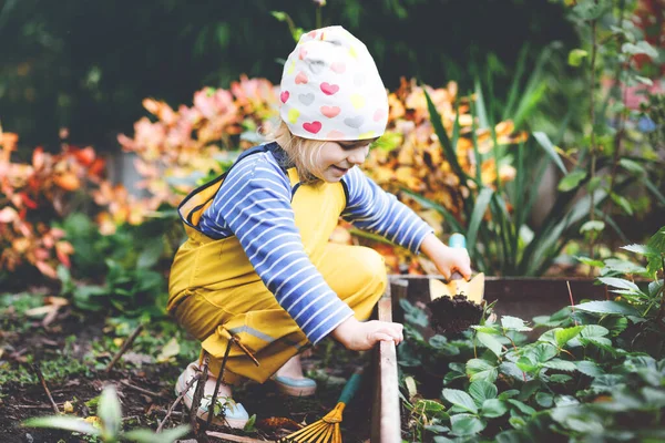 可爱的小女孩在自家花园里用铲子干活。可爱的孩子在自家花园学习园艺、种植和种植蔬菜。带着园艺工具的小孩生态、有机食品. — 图库照片