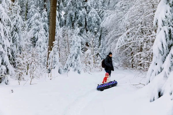 若い父親は雪のチューブに小さな幼児の女の子を引っ張ります。カラフルなタイヤで冬に屋外で楽しんでいるかわいい幸せな子供。家族、娘と男のハイキングや雪の森の中を歩く、屋外. — ストック写真