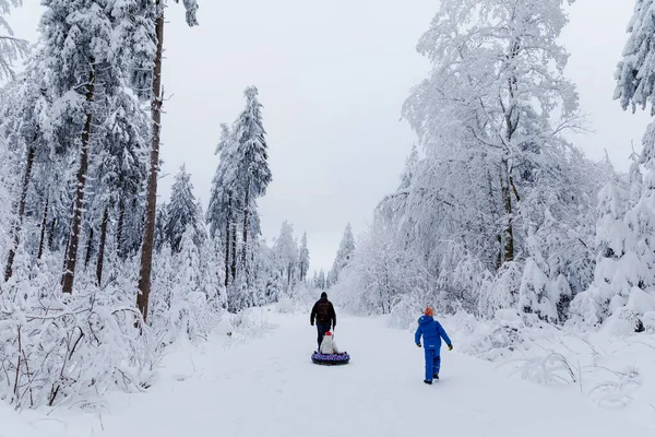 若い父親は小さな幼児の女の子と学校の少年を雪のチューブに引っ張ります。カラフルなタイヤで冬に屋外で楽しんでいる幸せな子供たち。雪の森を歩く家族、娘、息子、男、屋外. — ストック写真