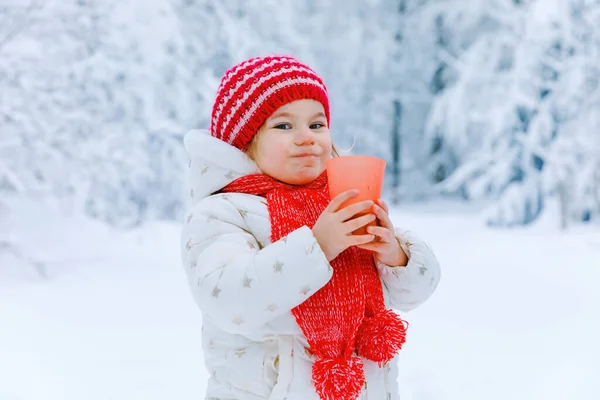 Adorable niña bebiendo chocolate caliente en el bosque de invierno. Feliz niño sano con taza de cacao humeante o té, al aire libre. Ocio familiar activo, caminar en el paisaje de nieve. — Foto de Stock
