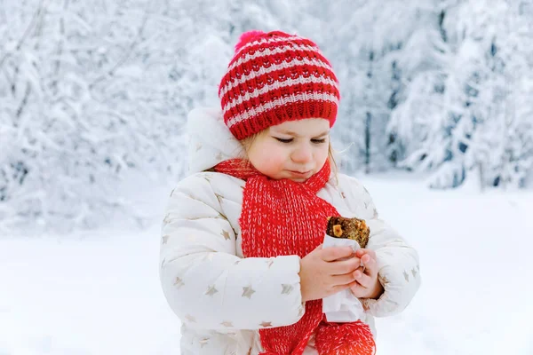 可爱的幼儿女孩在冬天的森林里吃巧克力蛋糕。快乐健康的饥饿儿童与布朗尼，户外。积极的家庭休闲，在雪地里散步. — 图库照片