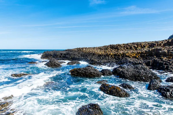 Krajina Giants Causeway stezka s modrou oblohou v létě v Severním Irsku, County Antrim. Dědictví UNESCO. Je to oblast čedičových sloupů, výsledek prastaré sopečné trhliny. — Stock fotografie