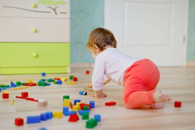 Eğitici oyuncaklarla oynayan tatlı bir kız bebek. Mutlu sağlıklı çocuk evde ya da çocuk odasında renkli tahta bloklarla eğleniyor. Bebek sürünüyor, arkadan bakıyor, yüzü yok, tanınmaz halde.