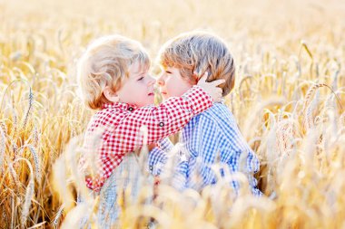 İki kardeş kardeş tişörtlü arkadaş yazın sarı buğday tarlasında eğleniyor ve sarılıyorlar. Sıcak yaz günlerinde çocuklarla açık hava eğlencesi. Çocuklar birlikte oynuyor.