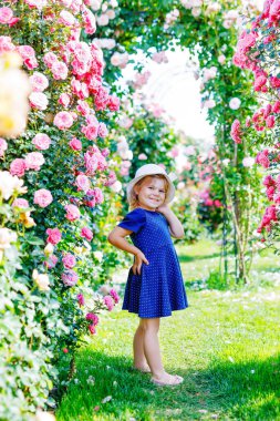 Çiçek açan gül bahçesinde küçük bir kızın portresi. Yaz güneşli bir günde parkta güllerle ve çiçeklerle eğlenen sevimli güzel bir çocuk. Mutlu gülümseyen bebek.