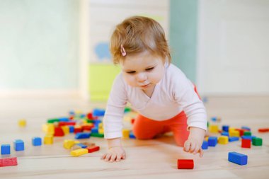 Eğitici oyuncaklarla oynayan tatlı küçük bir kız. Mutlu sağlıklı çocuk evde ya da çocuk odasında renkli tahta bloklarla eğleniyor. Bebek sürünüyor, renkleri ve biçimleri öğreniyor.