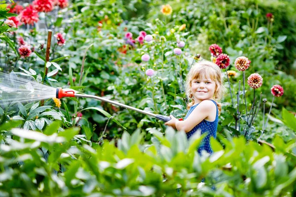 Schönes kleines Mädchen, das an einem Sommertag Gartenblumen mit Wasserschlauch gießt. Glückliches Kind hilft im Garten der Familie, im Freien, hat Spaß beim Planschen — Stockfoto