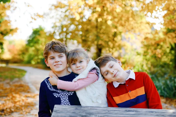 三个兄弟姐妹孩子的肖像。两个孩子兄弟男孩和一个可爱的小妹妹在秋天的公园里玩得很开心。健康快乐的家庭游戏，散步，积极休闲的大自然 — 图库照片