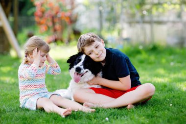 Okul çocuğu ve küçük kız bahçede aile köpeğiyle oynuyorlar. İki çocuk, sevimli kardeşler köpekle eğleniyorlar. Dışarıda mutlu bir aile. Evcil hayvan ve çocuklar arasındaki arkadaşlık ve aşk.