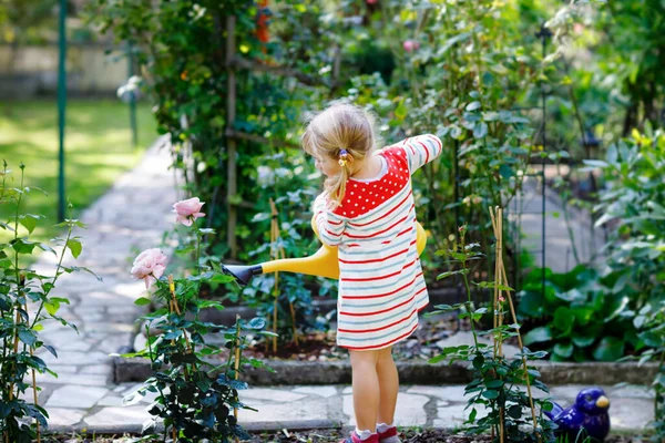 Schöne kleine Mädchen in rotem buntem Kleid, das blühende Rosen mit einer Wasserkanne gießt. Glückliches Kind hilft im Familiengarten, an warmen, sonnigen Tagen im Freien. — Stockfoto