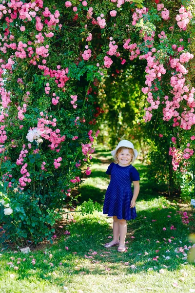 Portret van een kleuter in een bloeiende rozentuin. Schattig mooi mooi kind dat plezier heeft met rozen en bloemen in een park op zomerse zonnige dag. Gelukkig lachende baby. — Stockfoto