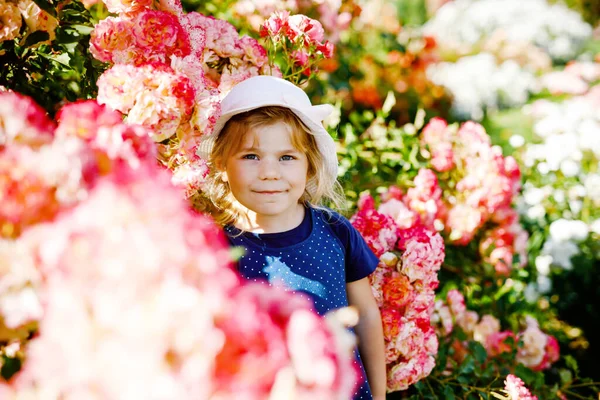 Portret van een kleuter in een bloeiende rozentuin. Schattig mooi mooi kind dat plezier heeft met rozen en bloemen in een park op zomerse zonnige dag. Gelukkig lachende baby. — Stockfoto