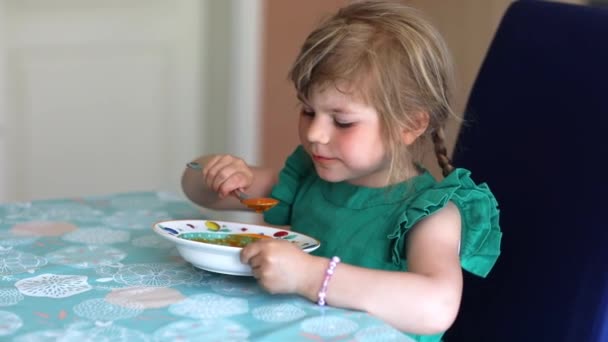 En liten förskoleflicka som äter hälsosam grönsakssoppa till lunch. Söta glada barn som tar mat hemma eller på dagis dagis eller dagis. Hälsosam måltid för barn med färska grönsaker. — Stockvideo