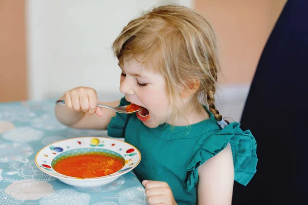 Pequena menina pré-escolar comendo sopa de tomate vegetal saudável para o almoço. Criança feliz bonito tomando alimentos em casa ou creche ou jardim de infância. Refeição saudável para crianças com legumes frescos. — Fotografia de Stock