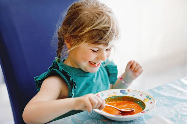 Маленькая дошкольница ест здоровый овощной томатный суп на обед. Симпатичный счастливый ребенок, принимающий пищу дома или в детском саду или детском саду. Здоровое питание для детей со свежими овощами. — стоковое фото