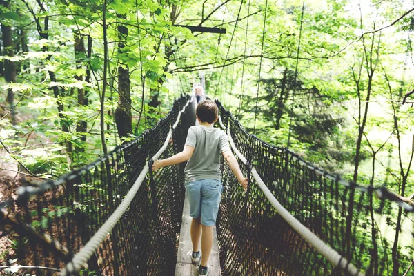 Preteen kid boy walking on high tree-canopy trail with wooden walkway and ropeways on Hoherodskopf in Germany. Happy active young child exploring treetop path. Funny activity for families outdoors — Stock Photo, Image