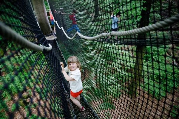 Klein kleuter meisje loopt op hoge boom-bladerdak pad met houten loopbrug en touwen. Gelukkige actieve kind verkennen boomtop pad. Grappige activiteit voor gezinnen buiten. Broer jongen op de achtergrond. — Stockfoto