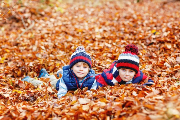 Zwei kleine Jungen liegen im Herbstlaub im Park. — Stockfoto