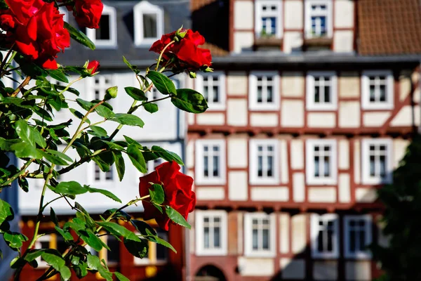 Krajobraz miasta niemieckiego Marburga z historycznym ratuszem i rynkiem. Szczegóły Marburg an der Lahn, Hesja, z tradycyjnymi domami o nazwie Fachwerk — Zdjęcie stockowe