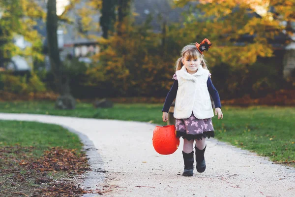 Little toddler girl dressed as a witch trick or treating on Halloween. Happy child outdoors, with orange funny hat and pumpkin bag for sweet haunt. Family festival season in october. Outdoor activity — Stock Photo, Image