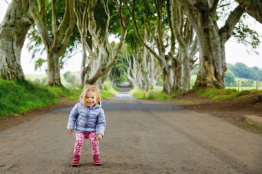 Kara Çitler 'in başında yağmurlu bir günde yürüyen tatlı bir kız. Kuzey İrlanda. Mutlu çocuk ailesini ve ünlü İrlandalı ağaç caddesini ziyaret ediyor.