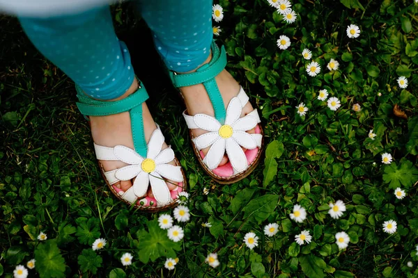 Detailní záběr na letní obuv pro holčičku s květinami. Dítě na trávě se sedmikráskami. — Stock fotografie
