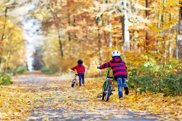 Dwóch małych chłopców jeżdżących na rowerze z rowerami w jesiennym parku leśnym w kolorowych ubraniach — Zdjęcie stockowe