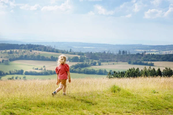 Niña preescolar corriendo y caminando por el prado con flores florecientes en el campo, con vista a las colinas y montañas. Niño feliz divirtiéndose, actividad familiar al aire libre, senderismo en el día de verano. —  Fotos de Stock