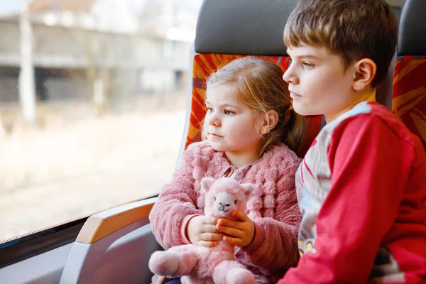 Ragazzina carina e fratello bambino bambino seduto in treno e guardando fuori dalla finestra. Due adorabili bambini felici e sani che si divertono insieme. Sorridenti fratelli in vacanza in famiglia in treno — Foto Stock