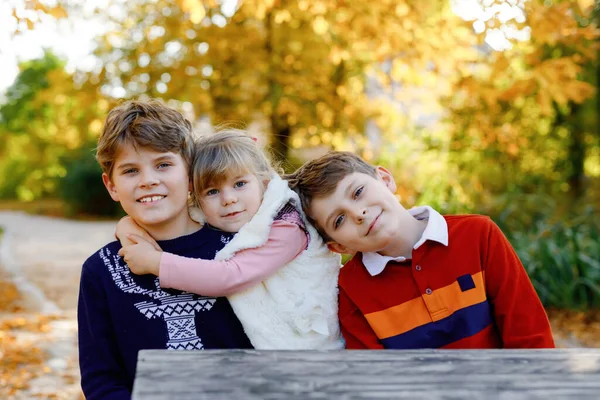 Ritratto di tre fratelli e sorelle. Due bambini fratelli ragazzi e la piccola ragazza sorella bambino carino divertirsi insieme nel parco autunnale. Felice sano gioco di famiglia, passeggiate, tempo libero attivo sulla natura — Foto Stock