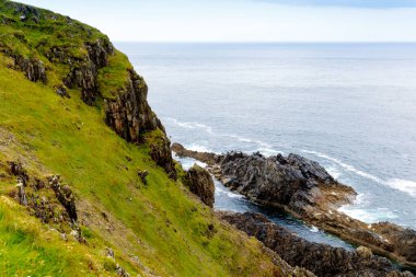 Malin Head, Donegal, İrlanda 'da engebeli bir manzara. Kayalıkları olan dalgalı bir sahil, sisli bulutlu bir günde koyunlu yeşil kayalık bir arazi..