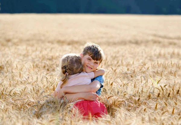 Okul çocuğu ve küçük kız kardeşi, kreş kızı buğday tarlasında sarılıyor. İki mutlu çocuk birlikte oynuyor ve güneşli bir yaz günü eğleniyorlar. Birbirini seven kardeşler.. — Stok fotoğraf