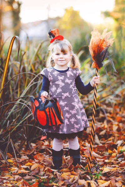 Menina da criança bonito vestido como uma bruxa comemorar o Halloween. Criança feliz ao ar livre, com chapéu engraçado laranja e segure vassoura bruxa e saco de lanterna de morcego. Bela temporada de festival de família em outubro. — Fotografia de Stock